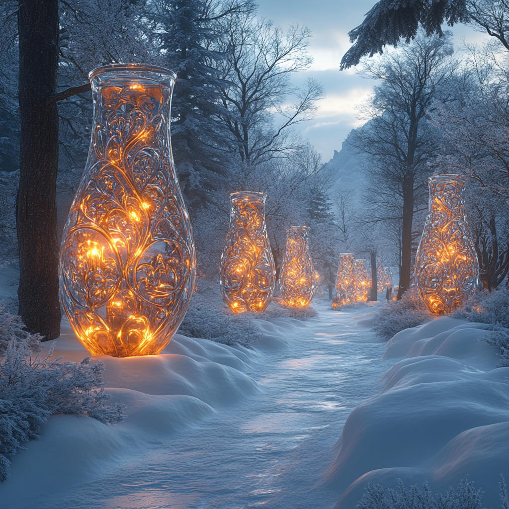 Frozen Gardens: Serene Snowscape with Ethereal Ice Sculptures 