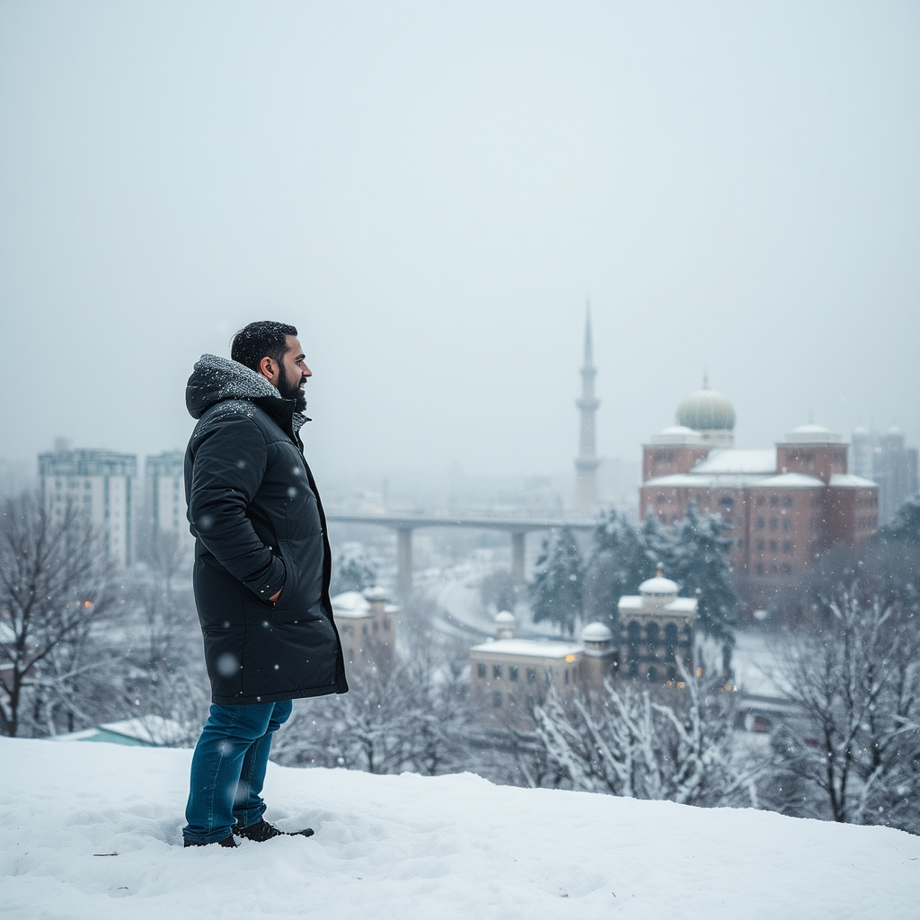 Frozen Tehran: Iranian man standing in snowstorm.