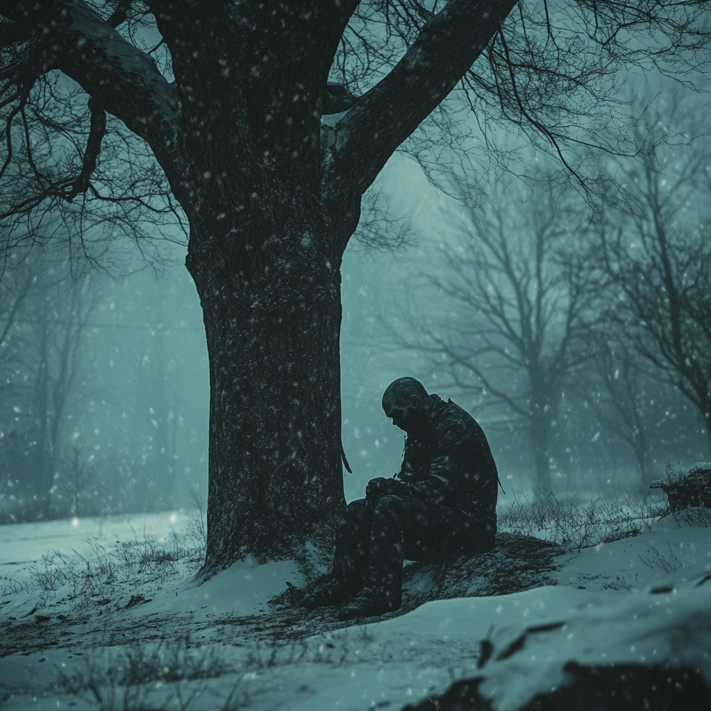 Frozen Zombie Under Tree in Winter Snowstorm Scene.