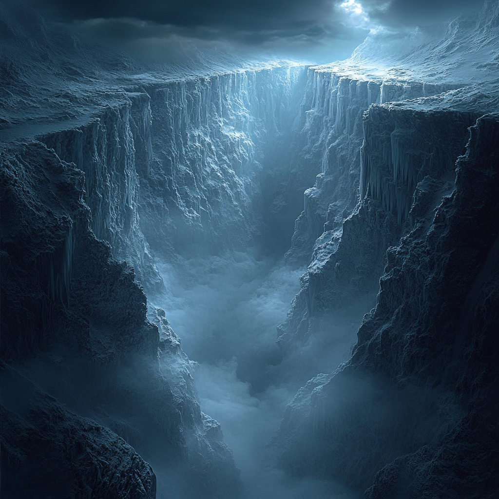 Frozen chasm, haunting, eerie, desolate, mysterious, uncanny, strange