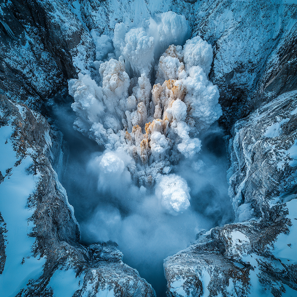 Frozen wasteland explodes in ominous atmospheric canyon.