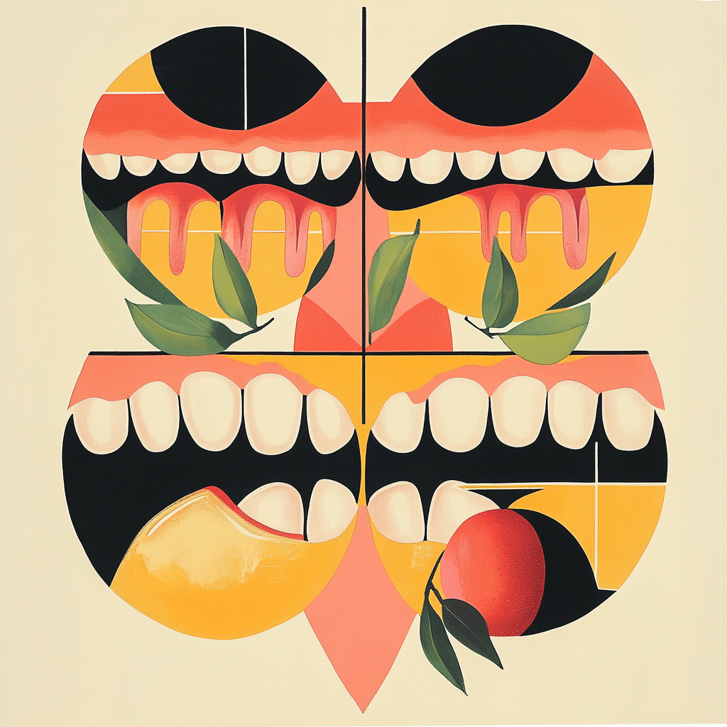 Fruit-inspired teeth artwork with clean lines and shapes.