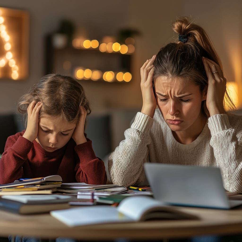 Frustrated Mother Helping Child with Homework Stressfully