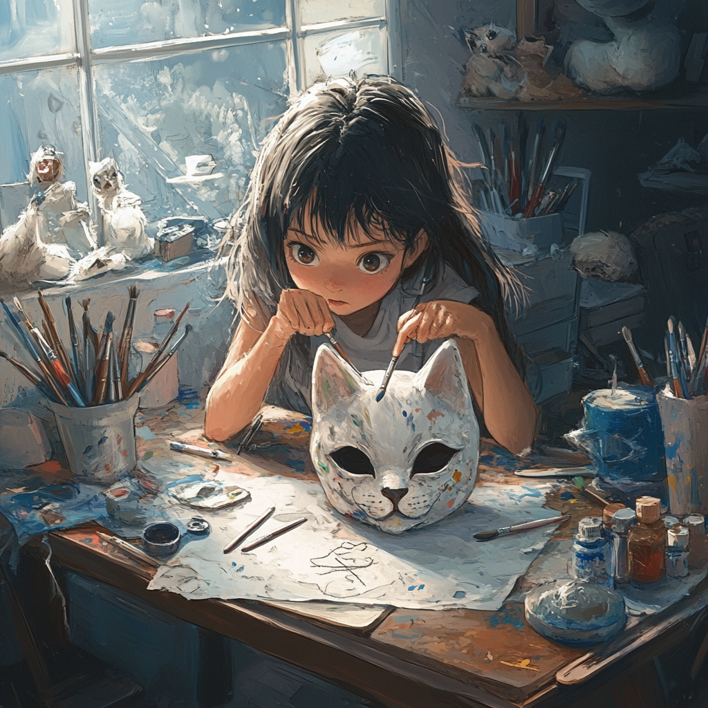 Frustrated girl painting messy cat mask with determination.