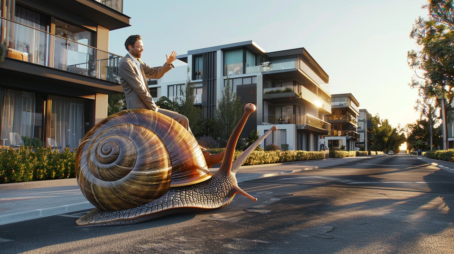 Frustrated real estate agent on oversized snail in city.