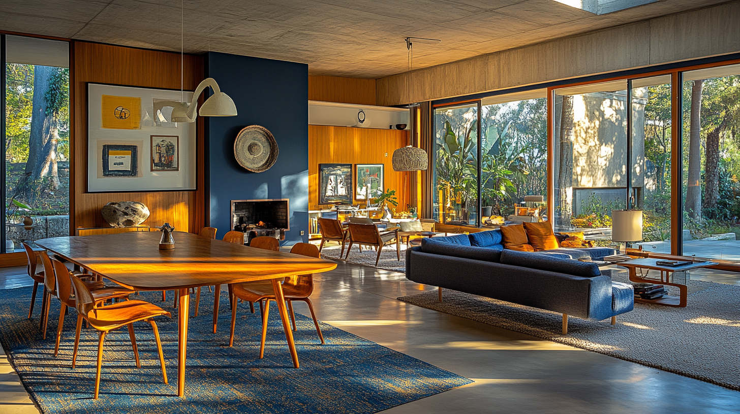 Fulfilled living room, dining table in mid-century style.