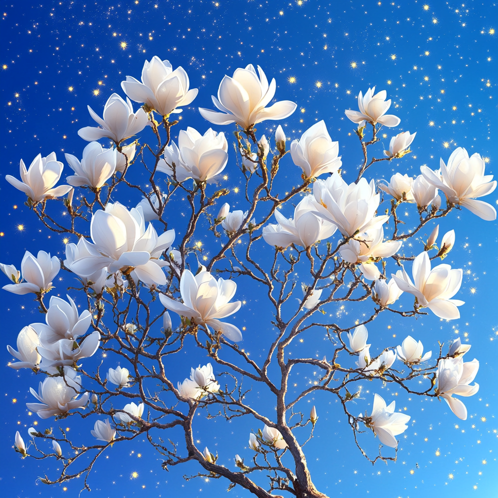 Full-Length Tree with Snow-White Fluffy Flowers and Golden Stars 