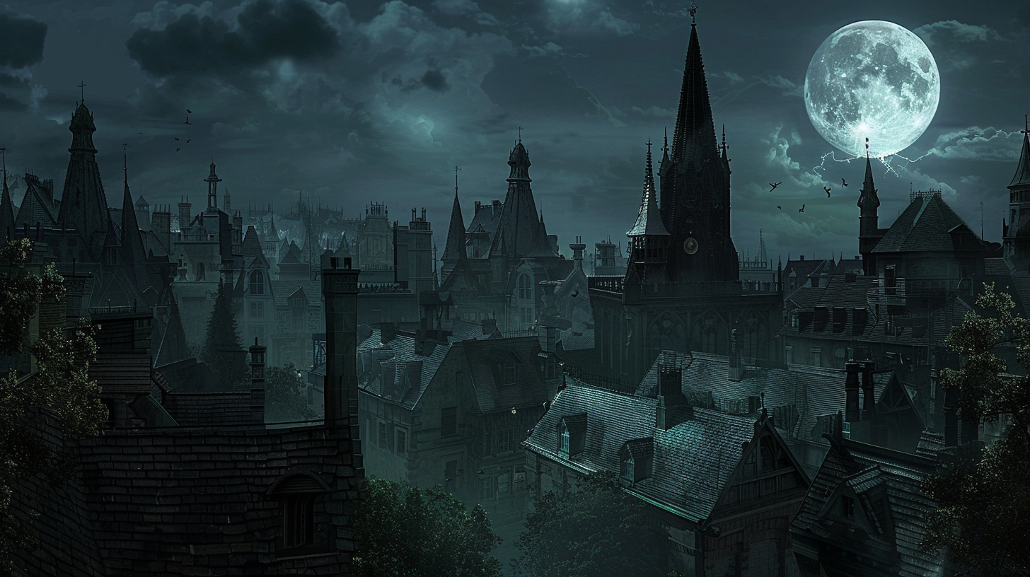 Full Moon Night with Victorian Vampires, Rooftops, Steeples