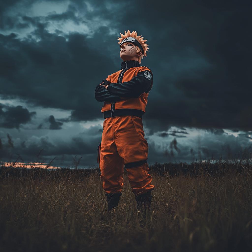 Full body Naruto standing arms folded field, dark fantasy, Sony A7R IV, 35mm wide-angle lens, realistic