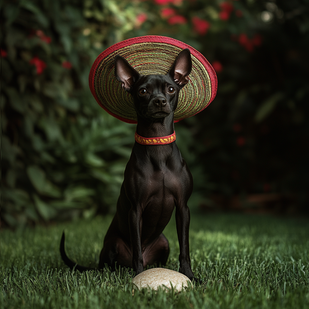 Full-body Xoloitzcuintli in Mexican hat on lawn with stone.