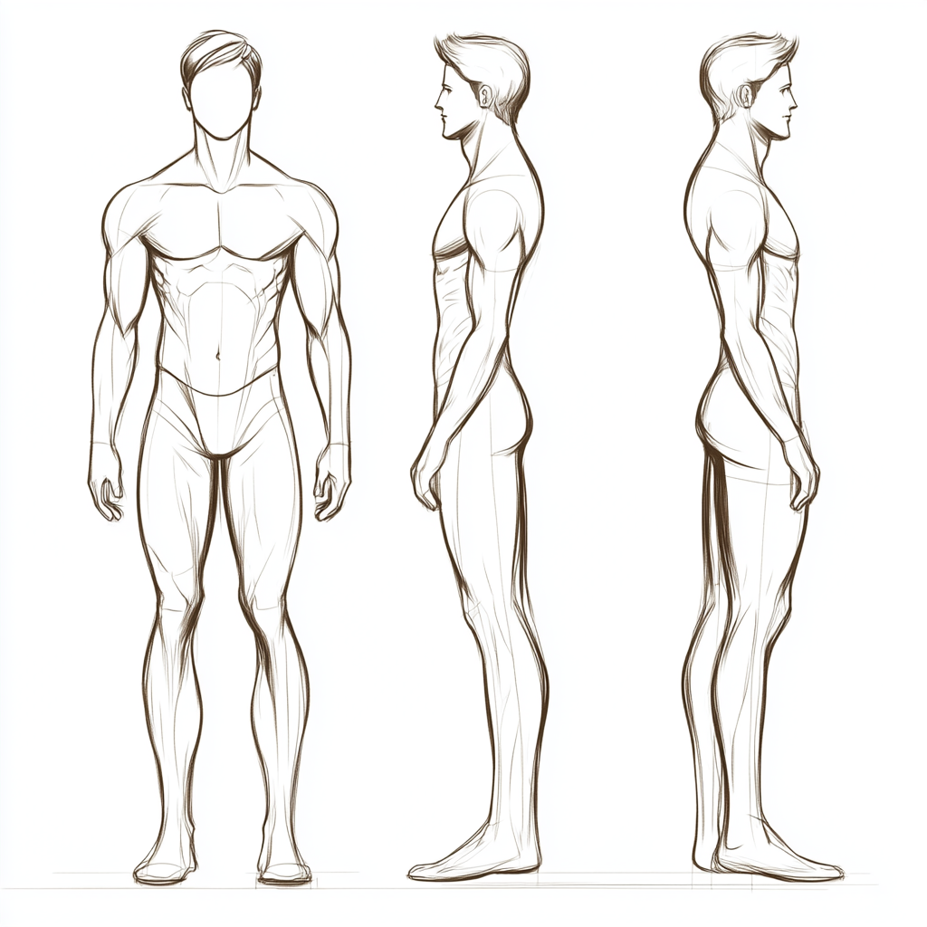 Full-body front-facing male image, 150 cm height, proportions emphasized.