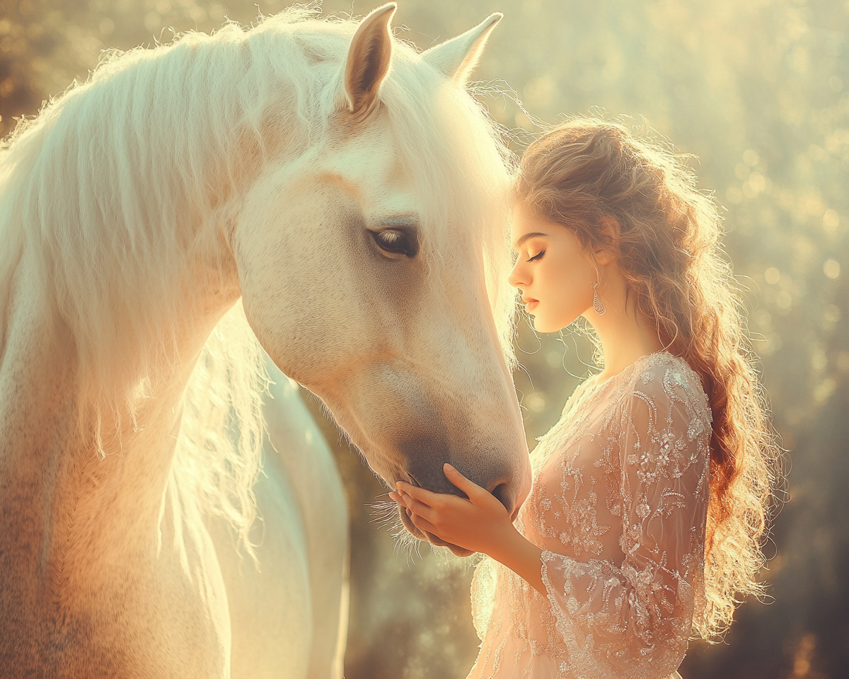 Full body portrait of white Arab horse and princess.