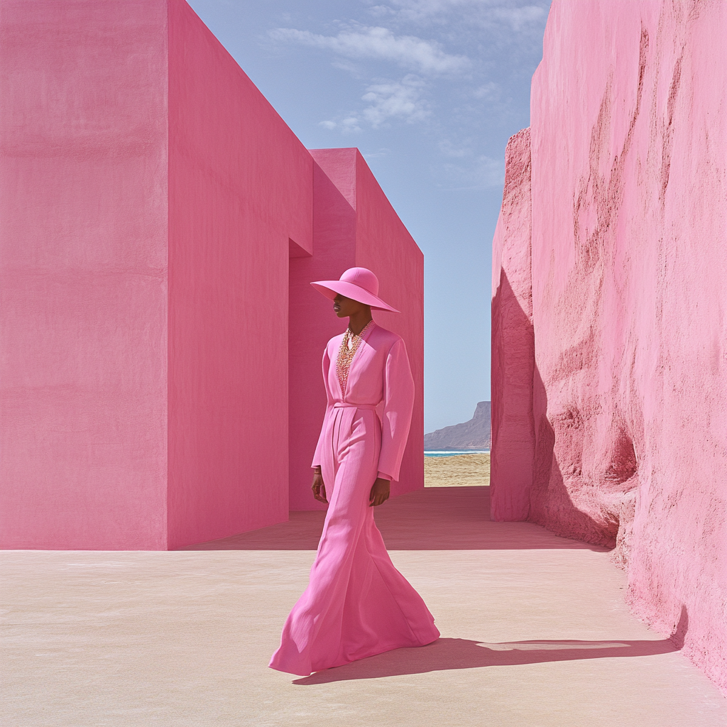 Full-length pink beach popup jewelry minimalist photo