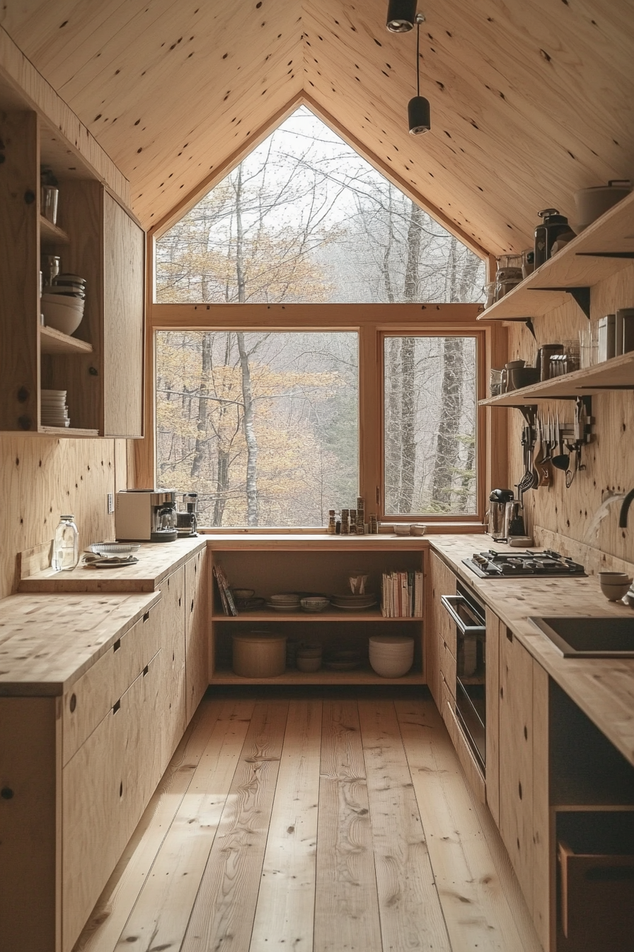 Functional minimalism cabin kitchen with streamlined furniture and cabinets.