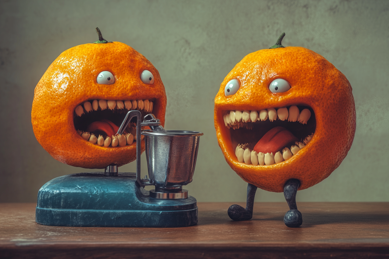 Funny, detailed image of oranges, juice juicer approaching.