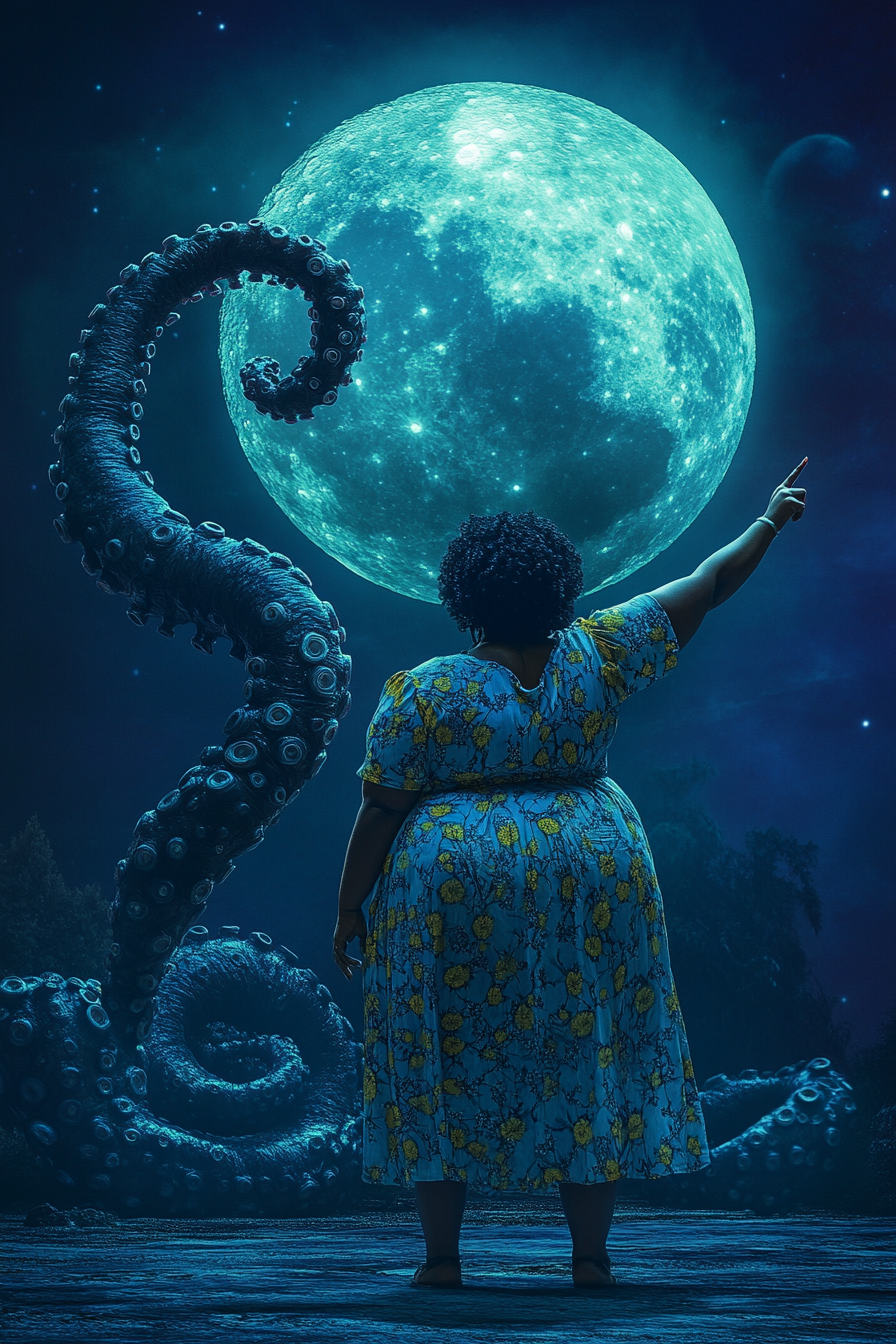 Funny Black woman pointing at moon while tentacle holds her.