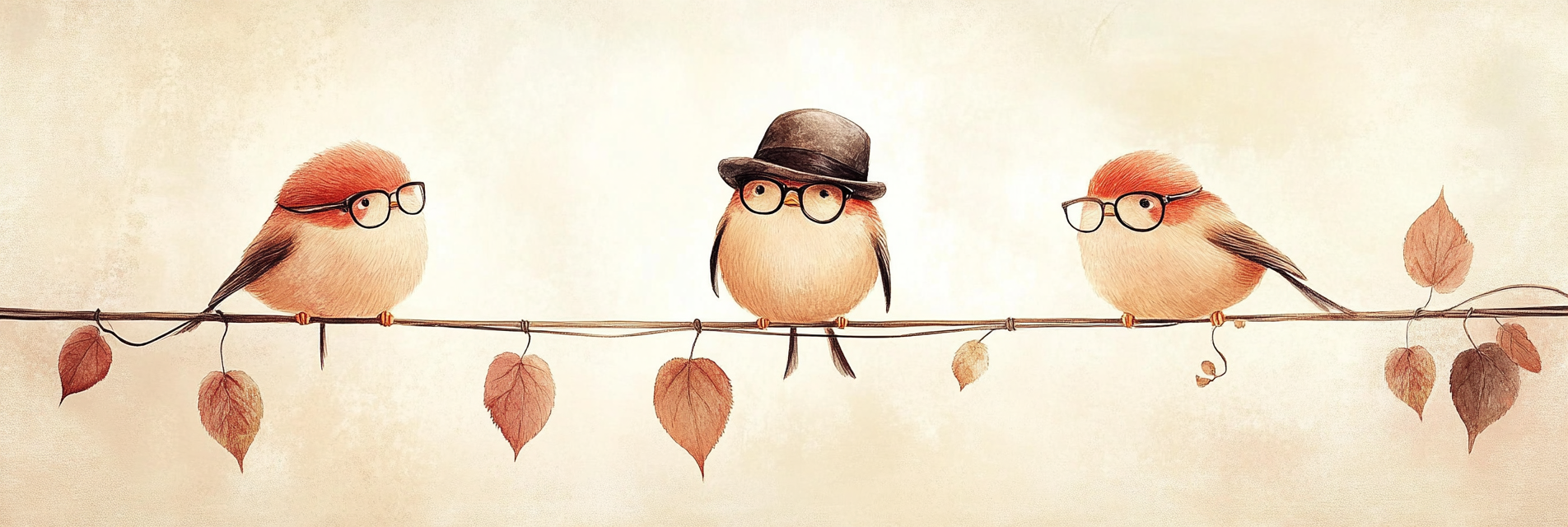 Funny birds with glasses and hats on wire.