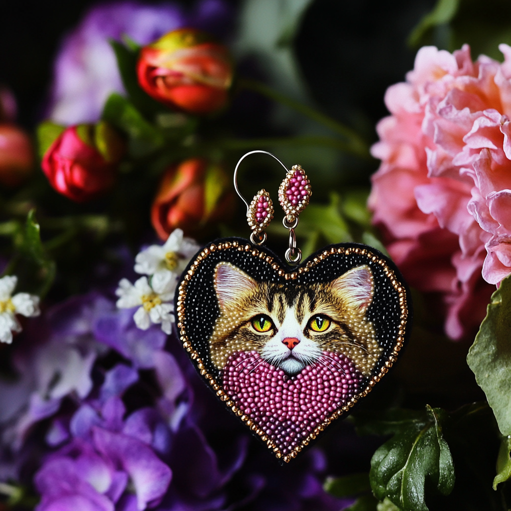 Funny heart and cat earrings in dadaism style.