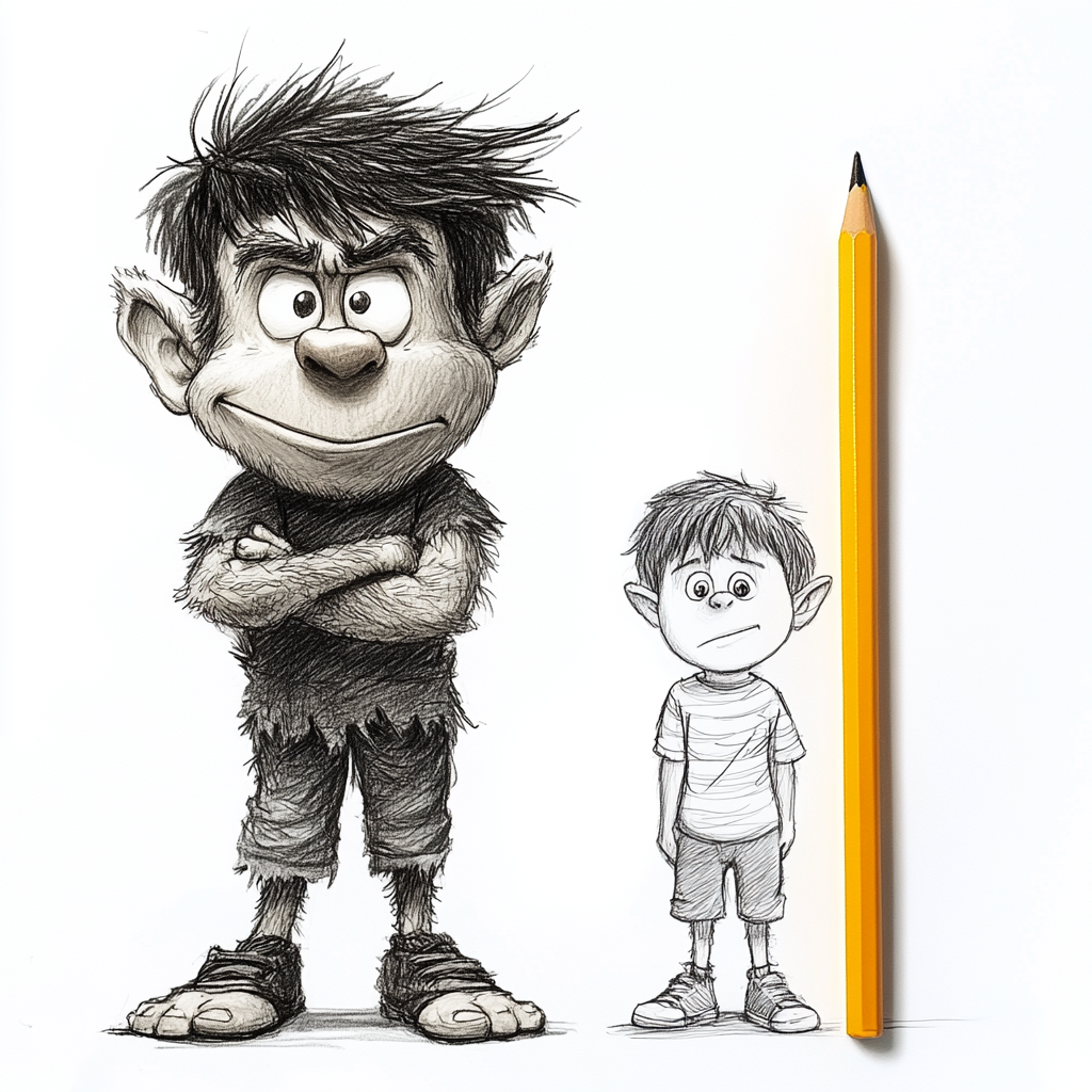 Funny troll drawing next to 8-year-old kid. White background.