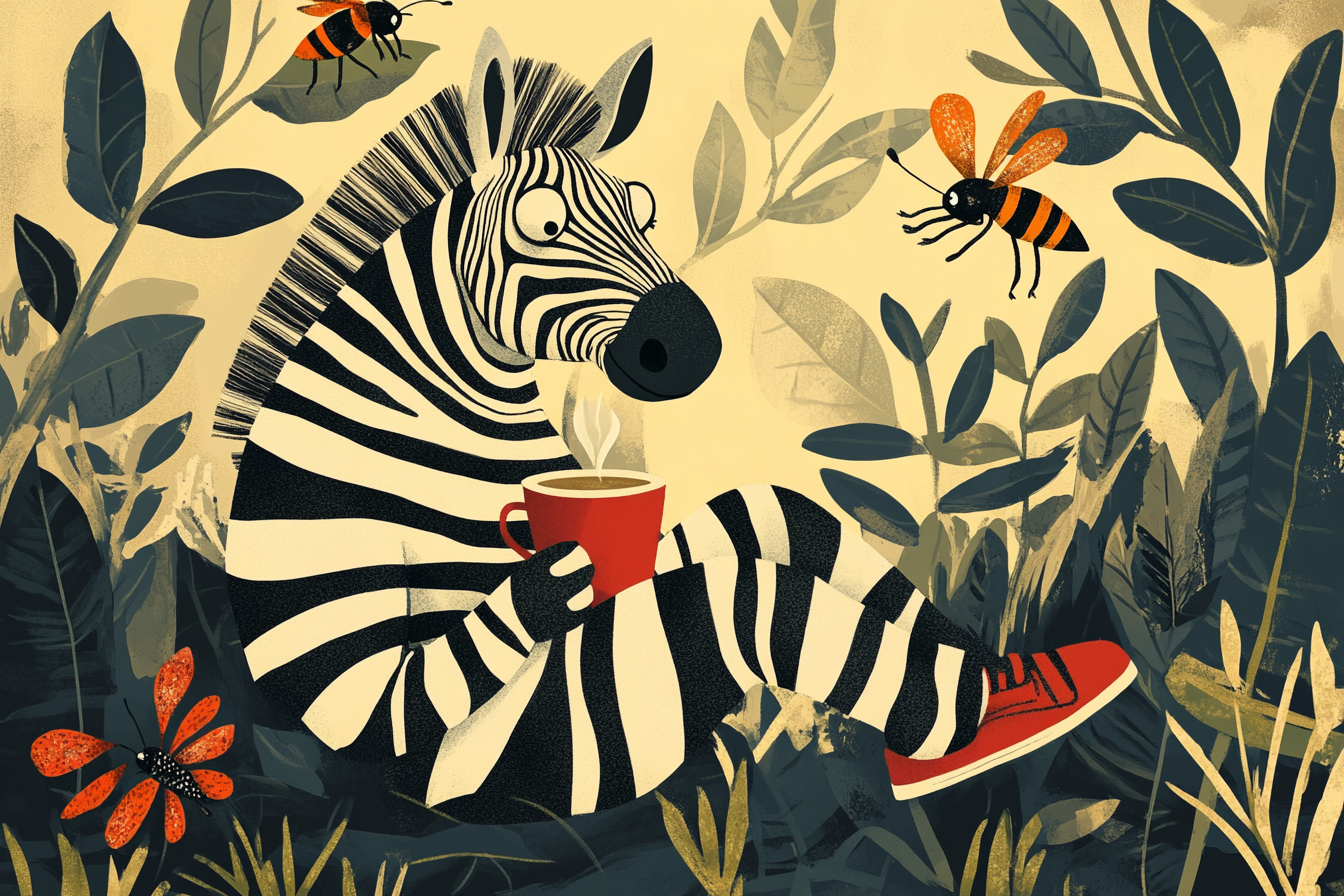 Funny zebra drinking coffee on leaves with insects.