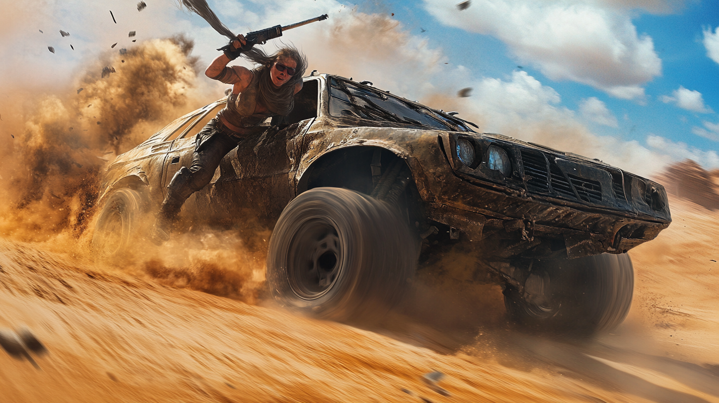 Furiosa in 20s with shotgun jumping from armored vehicle.