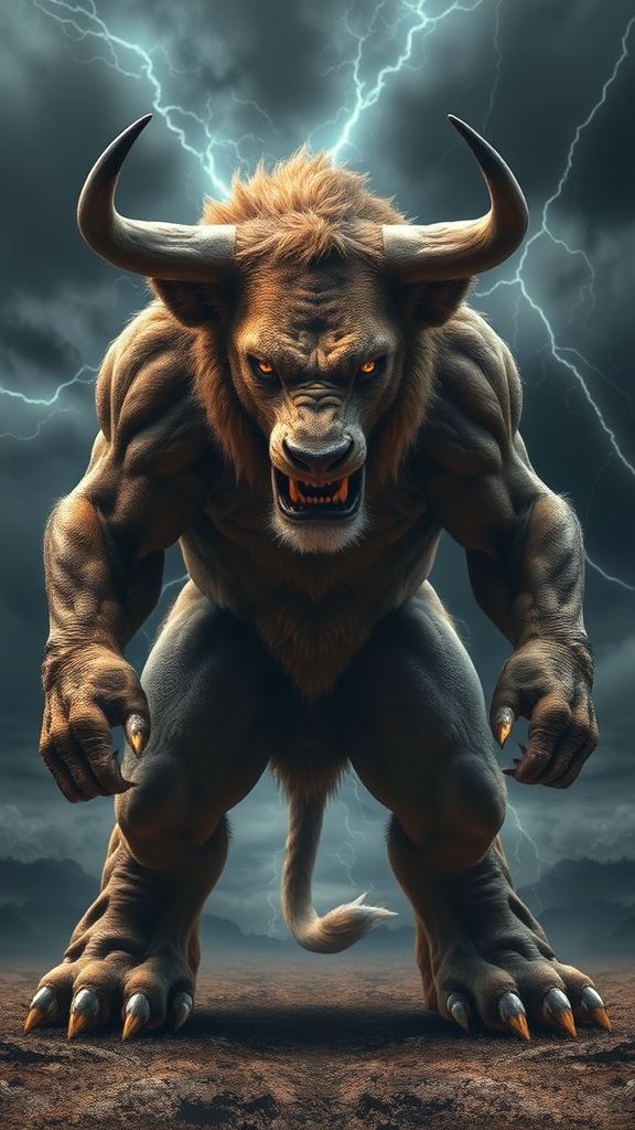 Furious Lion-Bull Hybrid in Stormy Sky