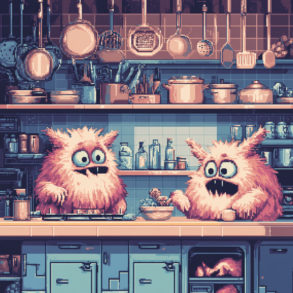 Furry monster chefs in pixel art kitchen game.