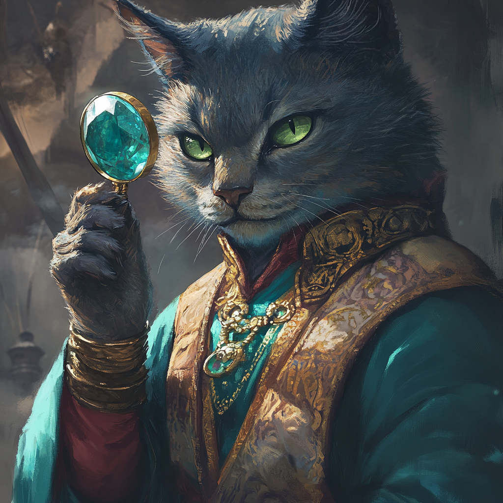 Furry tabaxi wearing jade robe, examining large emerald.