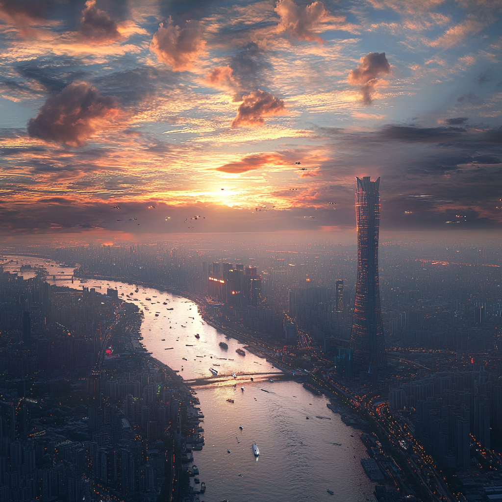 Future Beijing City: 7000s Realistic 3D Rendering with Flying People and Cars