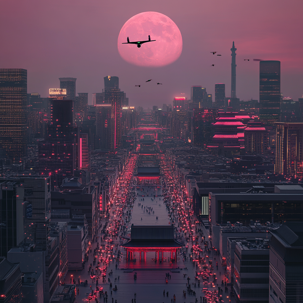 Future Beijing at 7000s: 3D Cityscape with Flying People and Cars