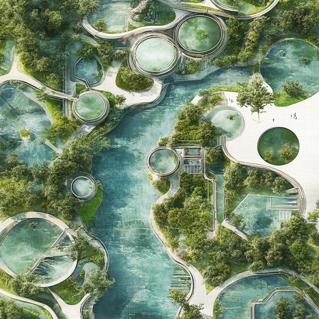 Future Eco Site with Algae Ponds and Human Ramps