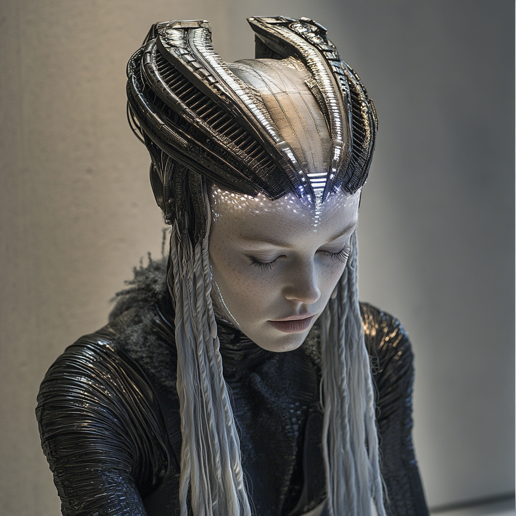 Future Queen of Denmark with futuristic braids and crown