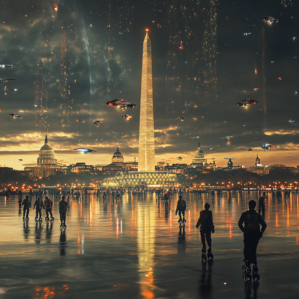 Future Washington City: 7000s Photographic 3D Render with Flying People