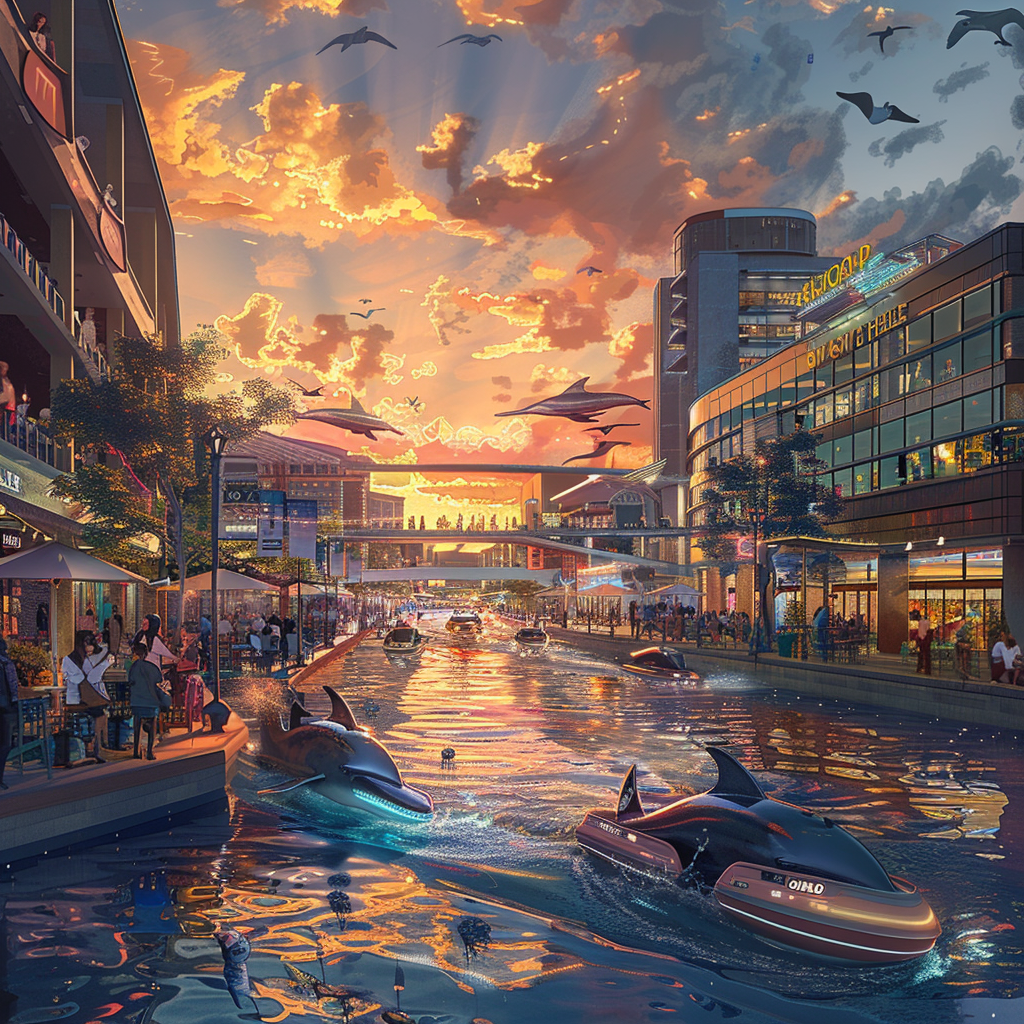 Future city with river, dolphin taxis, vibrant atmosphere.