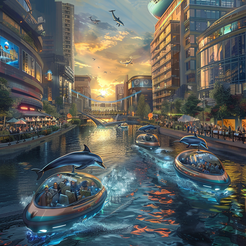 Future city with water taxis, dolphins, people, vibrant atmosphere