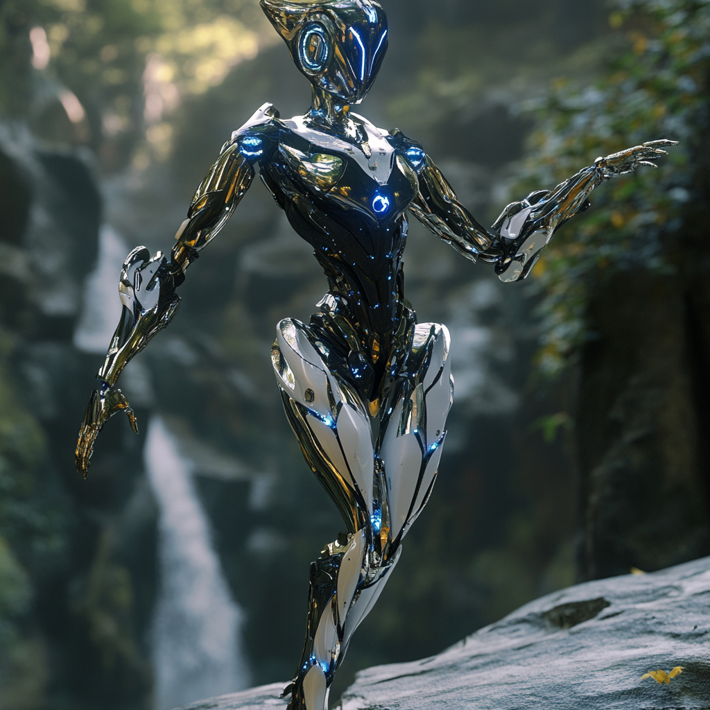 Futurist Dancing Robotic Elf in Bioluminescent Forest