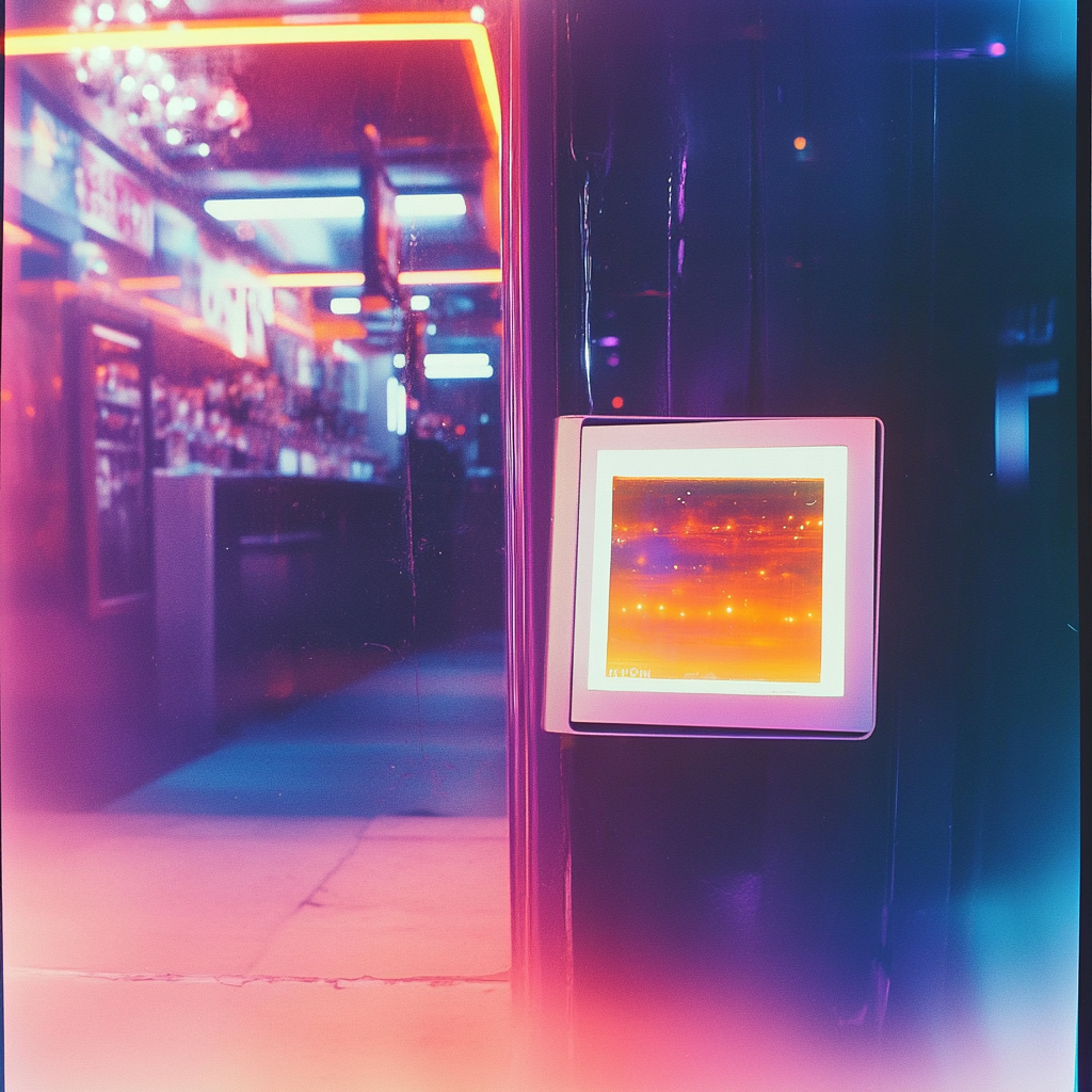 Futuristic 1960's Polaroid of funky party at bar.