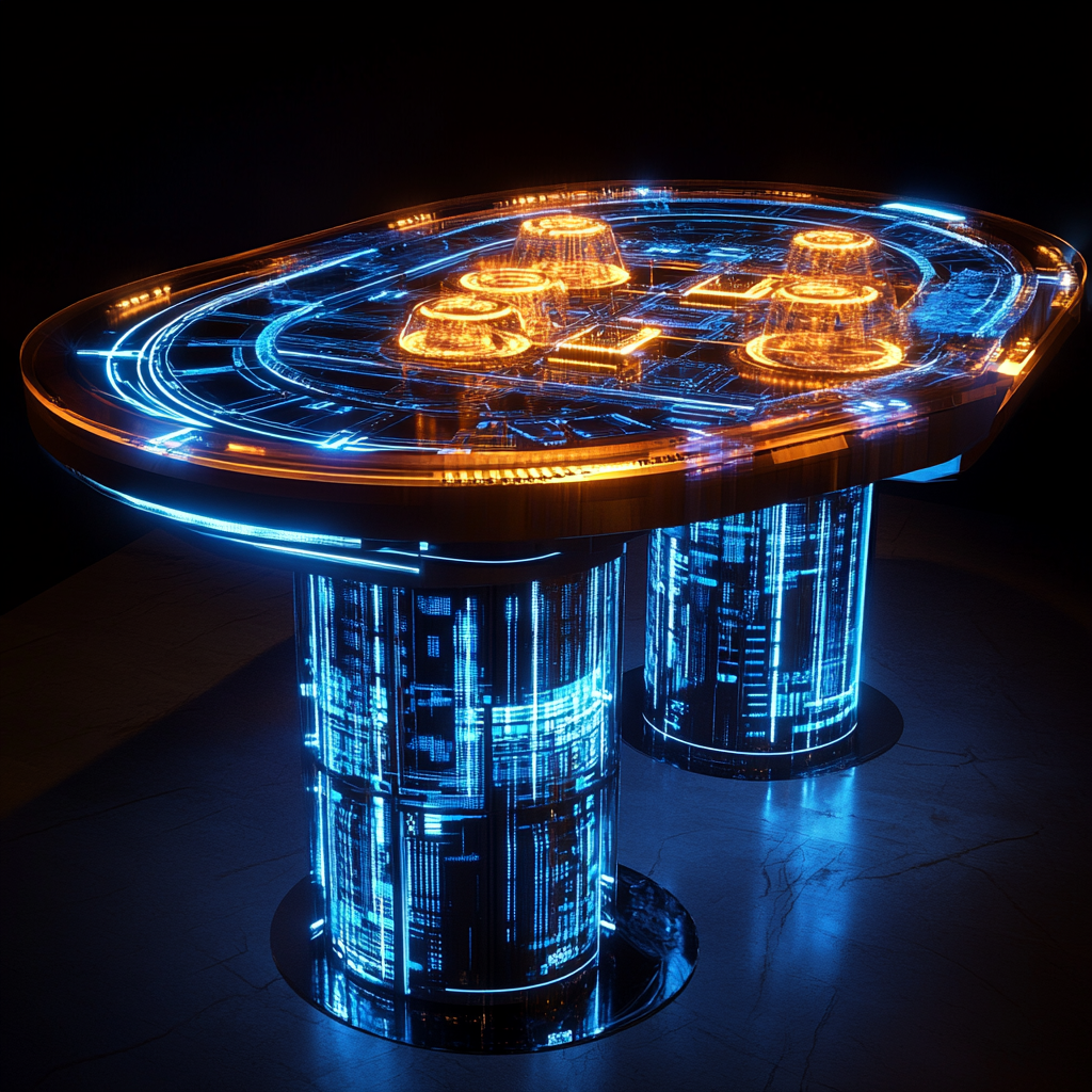 Futuristic 2030 Roulette Table with Glowing Gold Currency Symbols