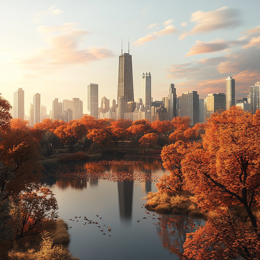 Futuristic 3D Chicago Cityscape with Autumn Trees