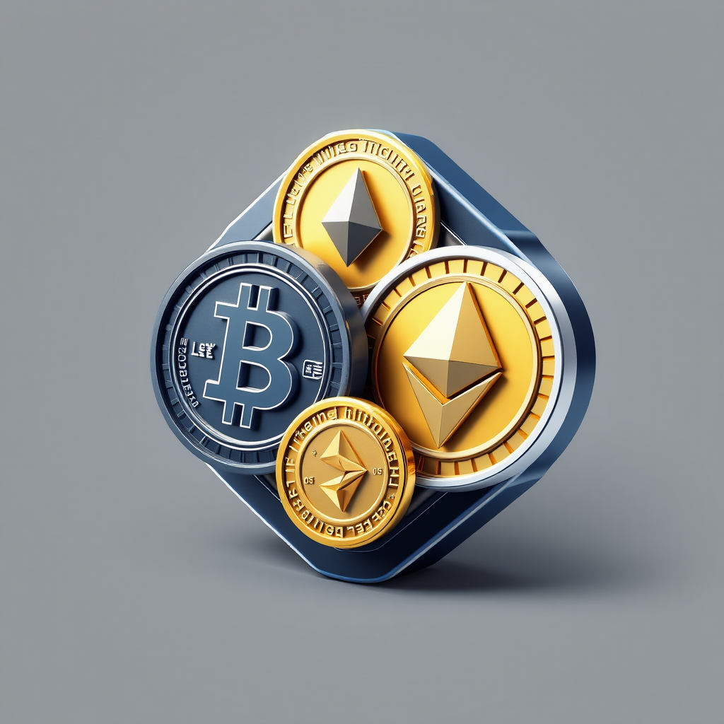 Futuristic 3D cryptocurrency icons of Bitcoin and Ethereum.