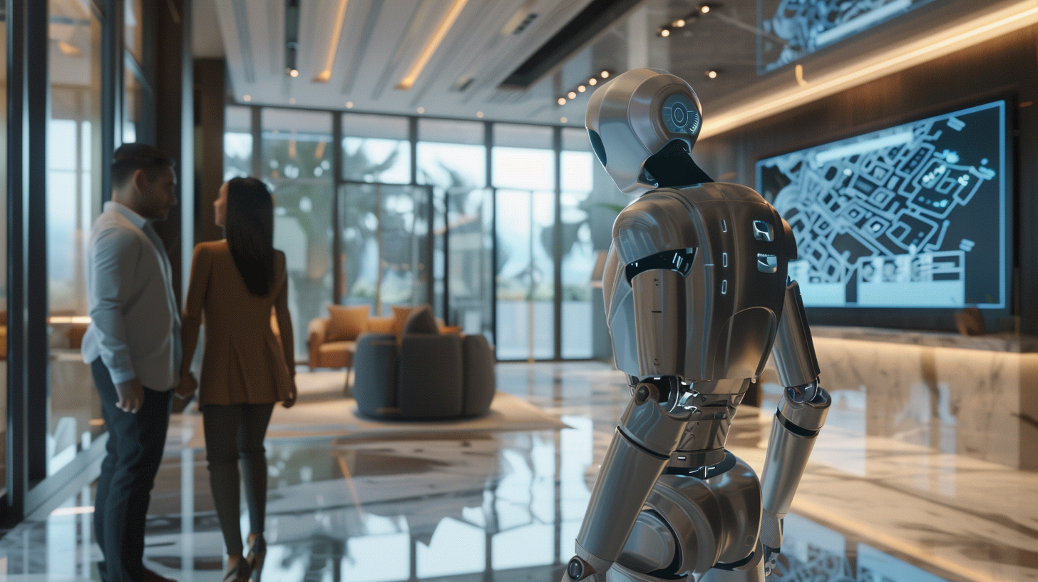 Futuristic AI Call Bot Assisting Couple in Luxurious Office