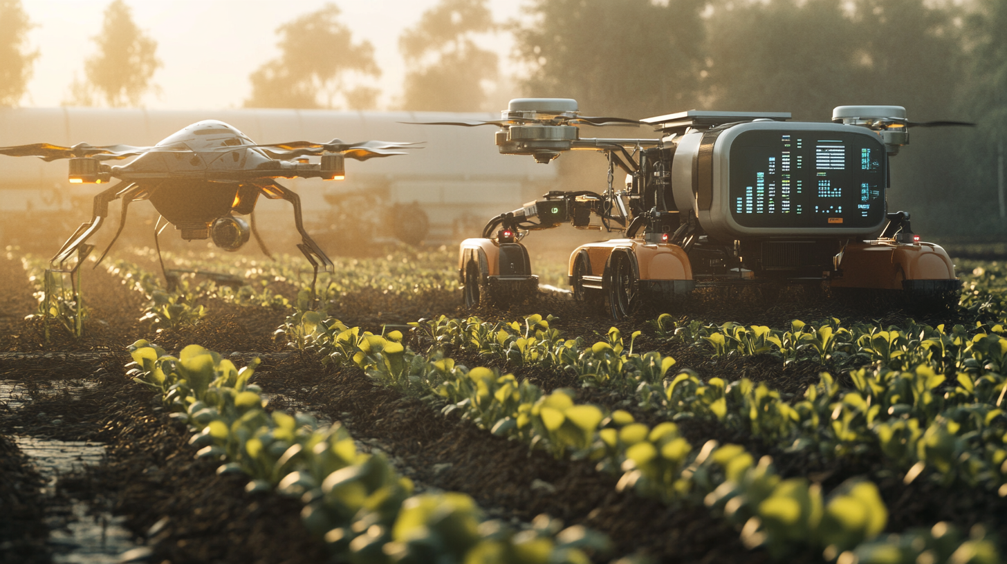 Futuristic Agricultural Field with Drones and Robots - CGI