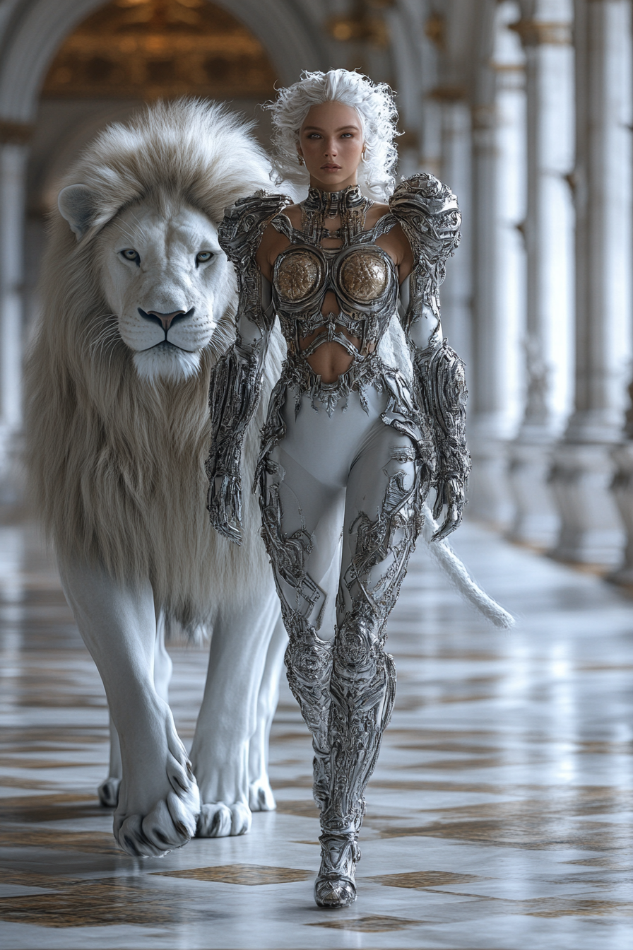 Futuristic Amazonian warrior model with white lion Mugler style.