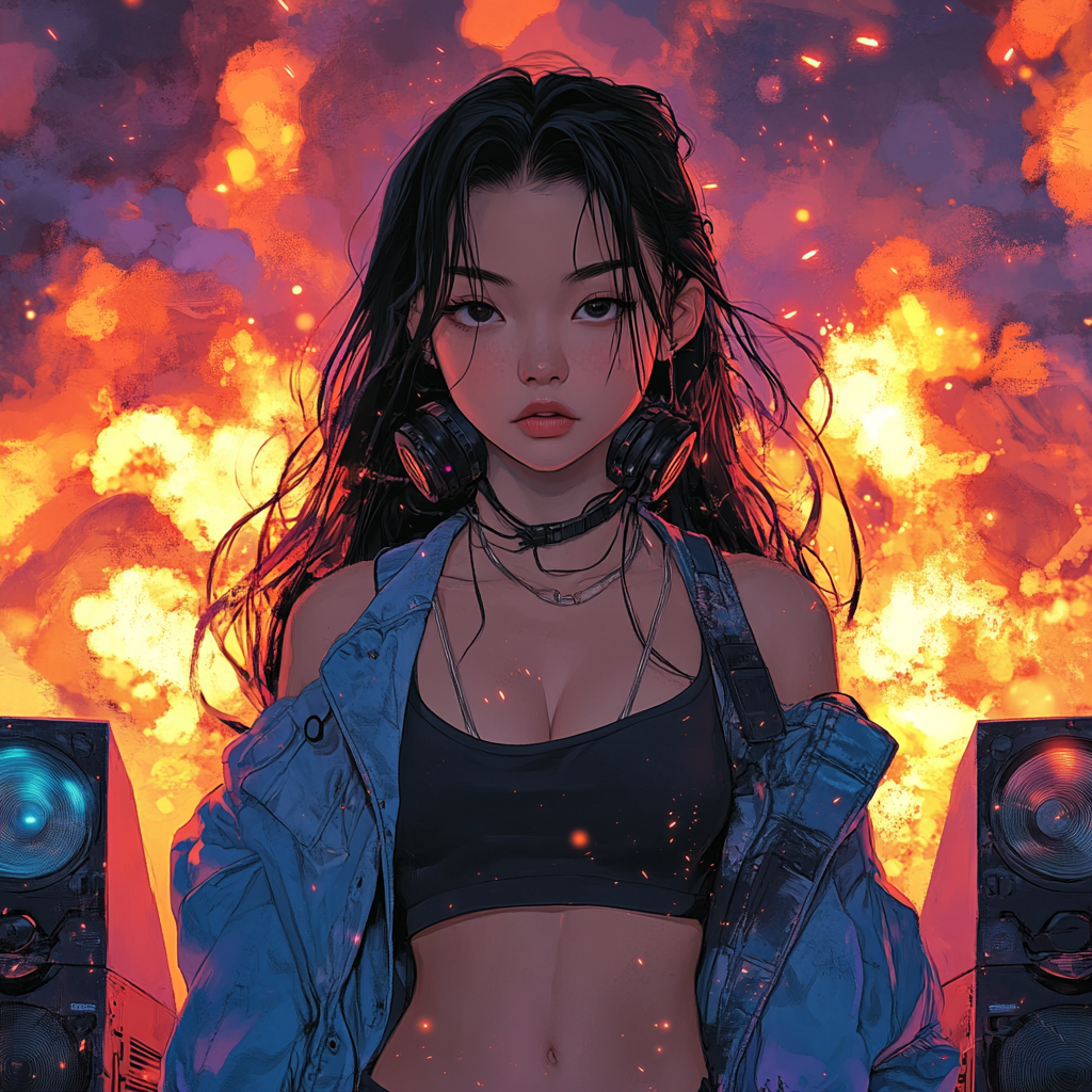 Futuristic Asian Cartoon Cover Album with Explosions