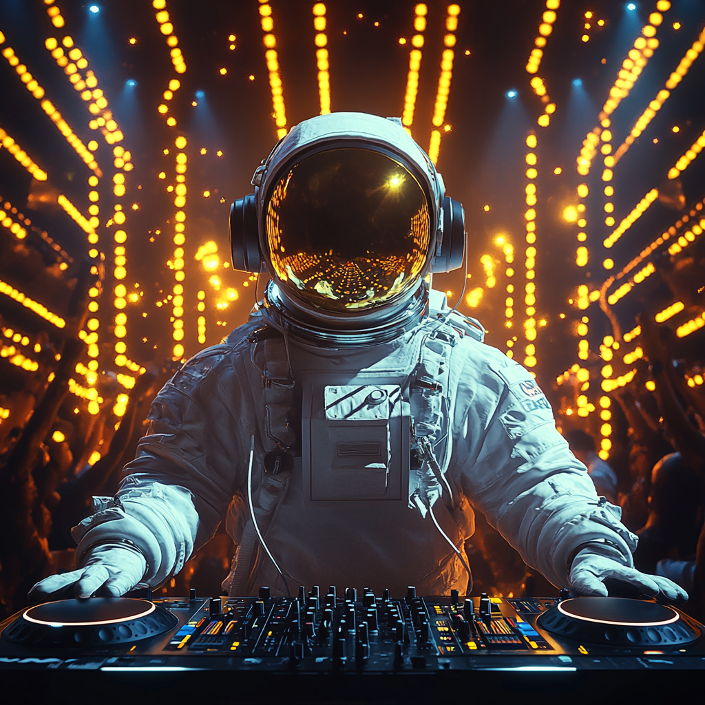 Futuristic Astronaut at Electronic Party with DJ Console