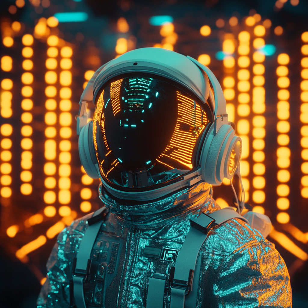 Futuristic Astronaut with Neon Panels, Electronic Party Atmosphere