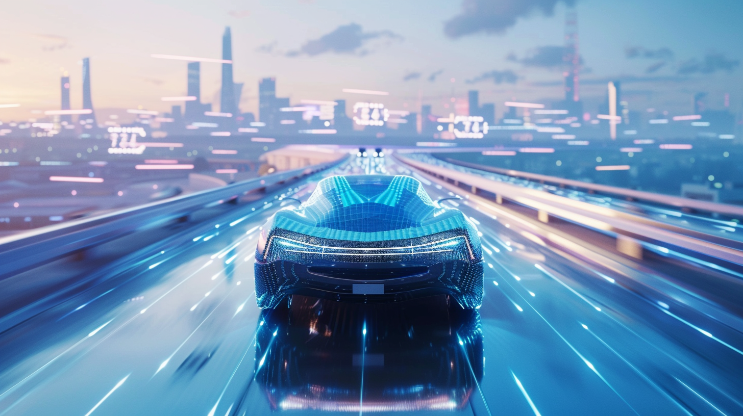 Futuristic Autonomous Vehicle on High-Tech Highway Cyberpunk Illustration