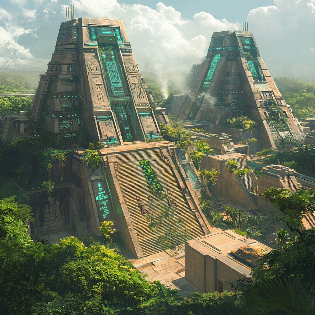 Futuristic Aztec-inspired city with glowing glyphs and jungle integration.