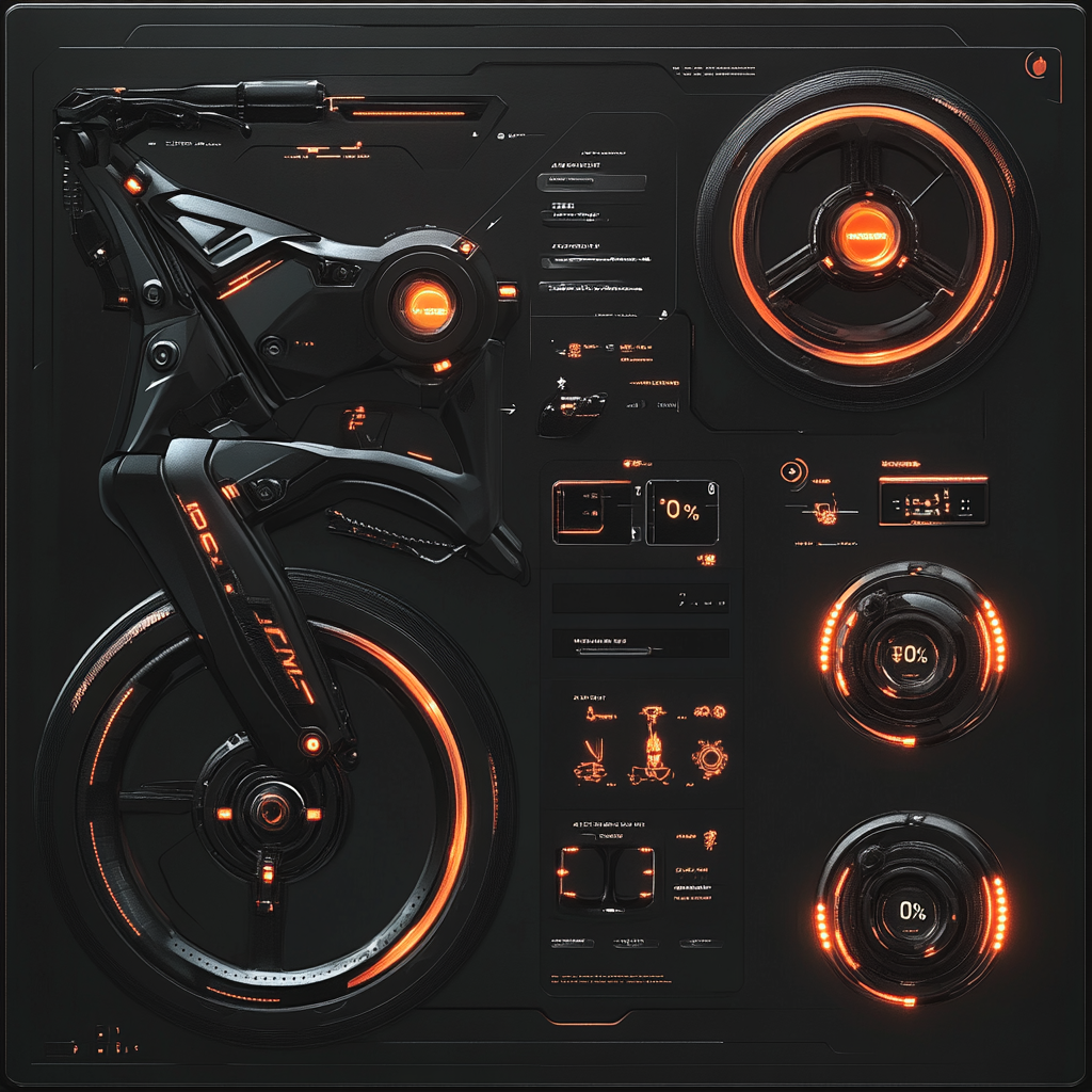 Futuristic Bike Transformer Panel: Tires, Brakes, Progress Bars