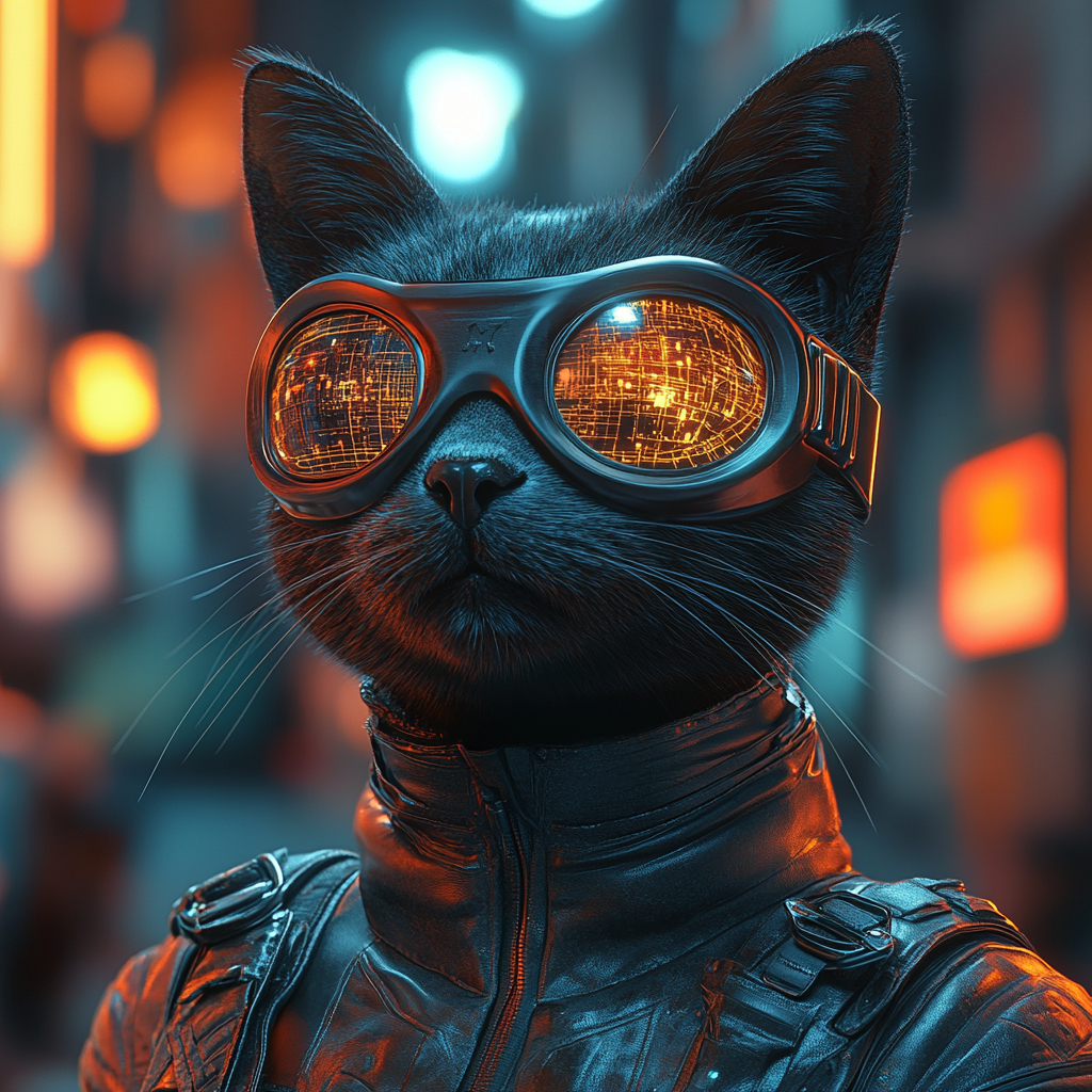 Futuristic Black Cat in Holographic Cityscape - 3D Cartoon